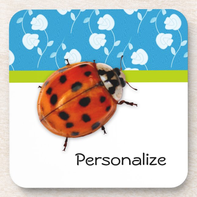 Trendy Blue Floral Ladybug mit Namen Untersetzer (Vorderseite)