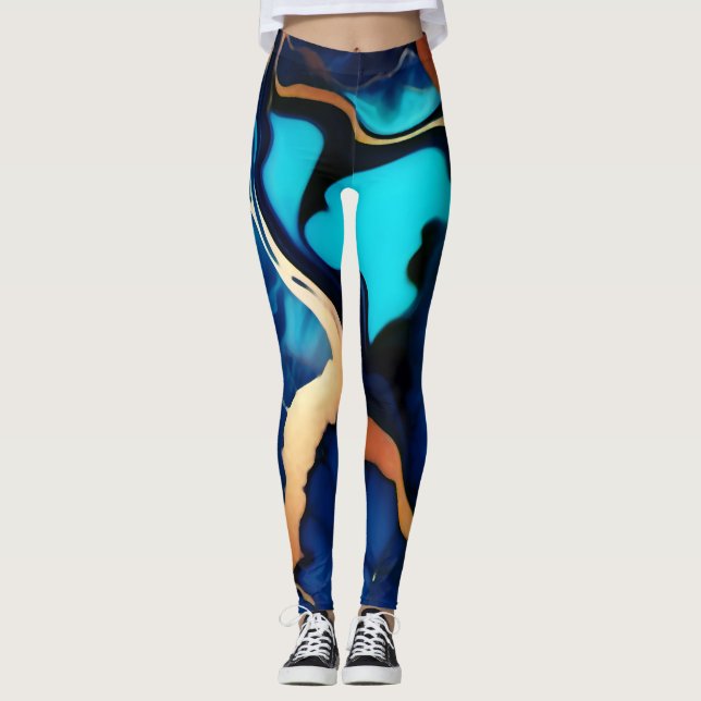 Trendy Blue Gelb Gold Imitate Marmor Leggings (Vorderseite)
