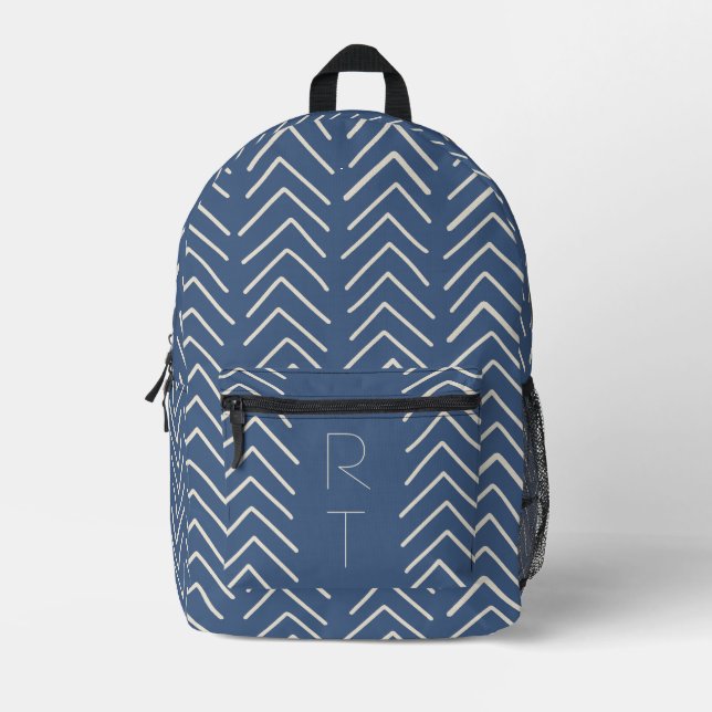 Trendy Blue Geometric Arrows Monogram Initials Bedruckter Rucksack (Vorderseite)