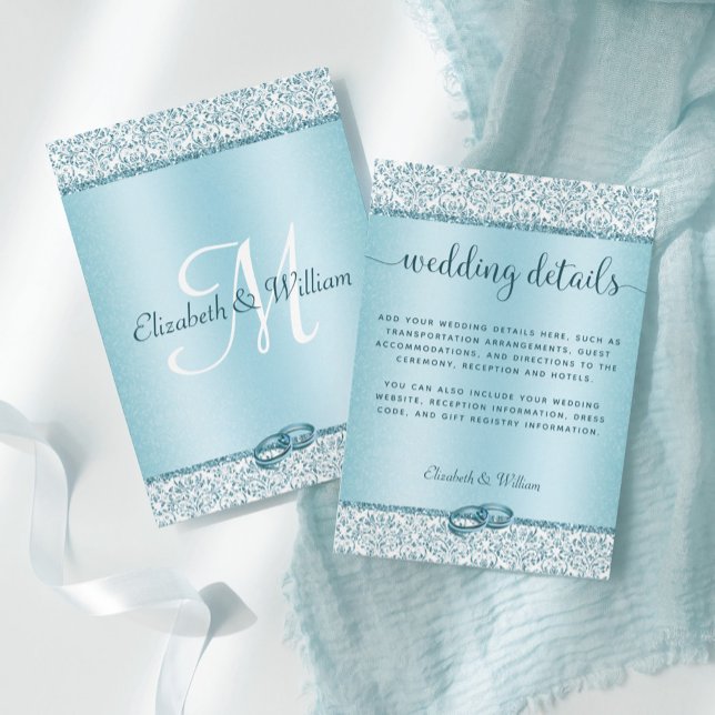 Trendy Blue Glitzer Damask Wedding Details Begleitkarte (Von Creator hochgeladen)
