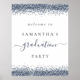 Trendy Blue Glitzer Welcome Graduation Party Poster