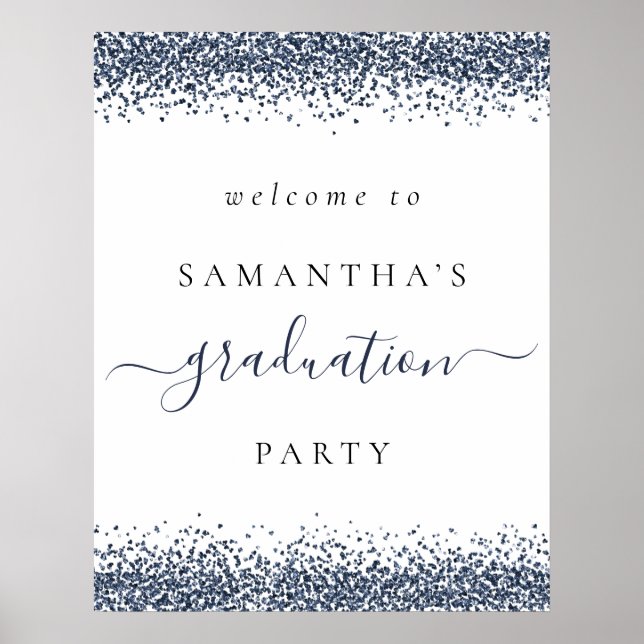 Trendy Blue Glitzer Welcome Graduation Party Poster (Vorne)