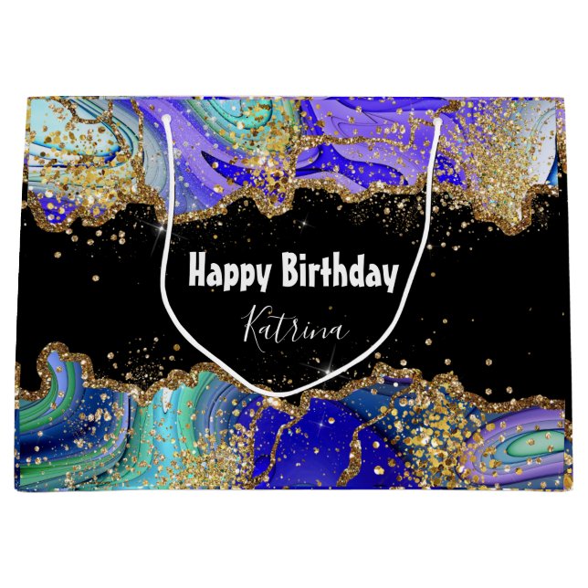 Trendy Blue Gold Agate Marbled Große Geschenktüte (Vorderseite)