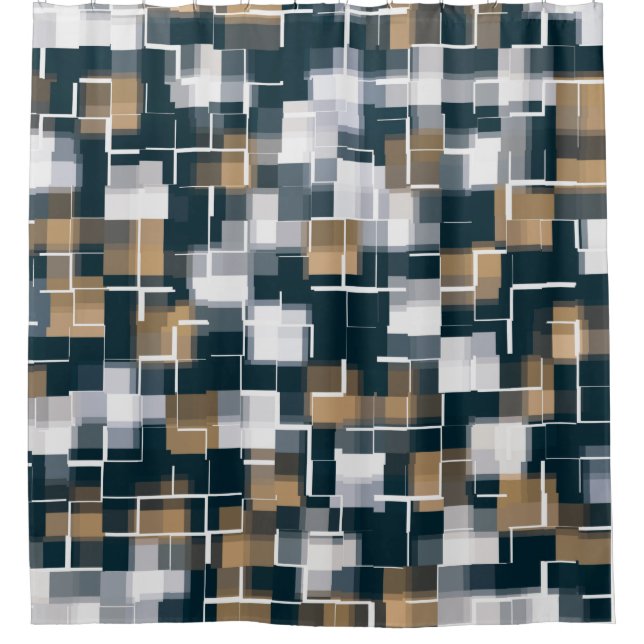 Trendy Blue Gold Brown Schwarz-weiß Kariert Duschvorhang (Vorderseite)