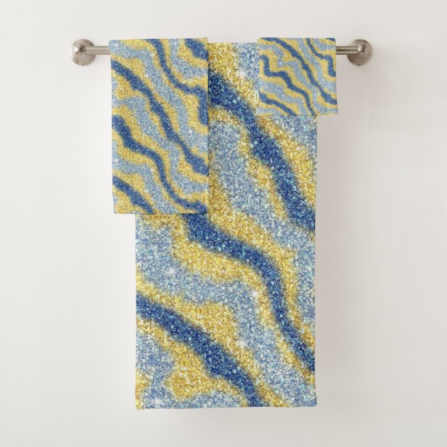 Trendy Blue Gold Glitzer Wavy Ripple Muster Badhandtuch Set (Insitu)