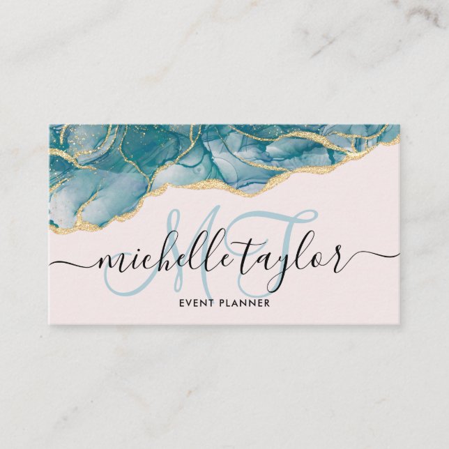 Trendy Blue Gold Monogram Makeup Artist Hair Salon Visitenkarte (Vorderseite)