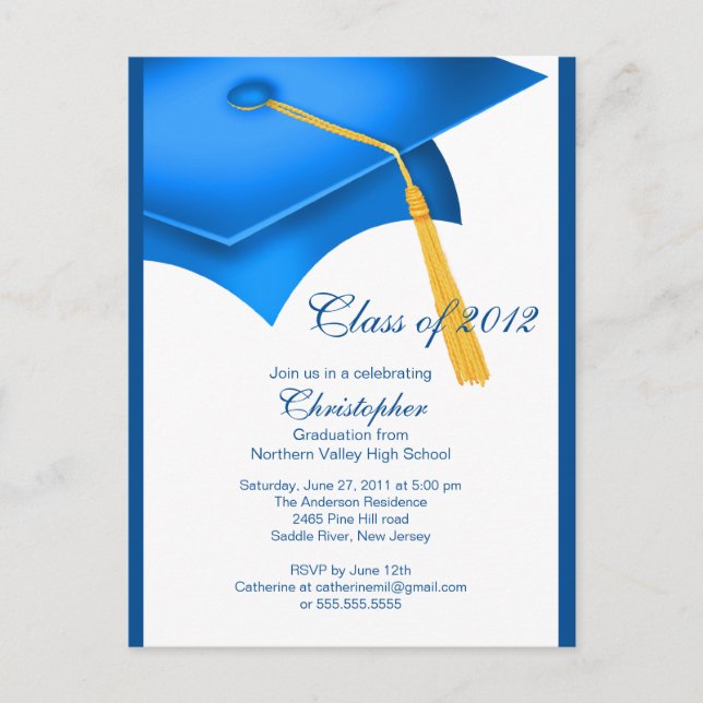 Trendy Blue Grad Cap Graduation Party Einladung (Vorderseite)