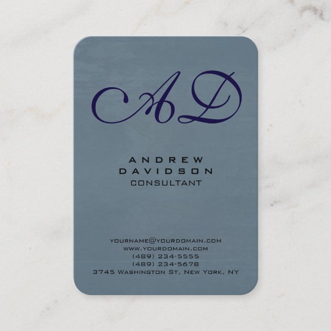 Trendy Blue Gray Handwriting Script Monogram Visitenkarte (Vorderseite)