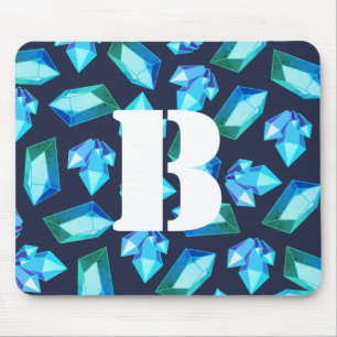 Trendy Blue Green Crystal Gems Monogramm Mousepad