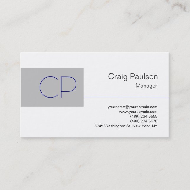 Trendy Blue Grey White Monogram Business Card Visitenkarte (Vorderseite)