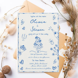Trendy Blue Hand Drawn Quirky Scribble Wedding Einladung