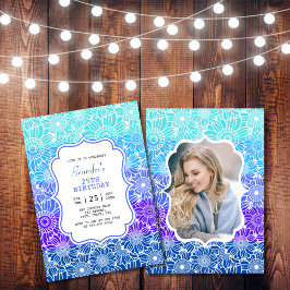 Trendy Blue Mint Stripes Blumenmuster Foto Geburts Einladung