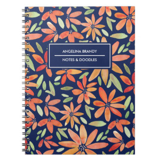 Trendy Blue & Orange Watercolor Blume Notebook Notizblock