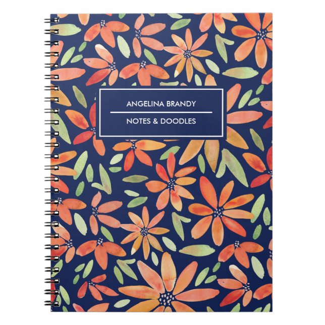 Trendy Blue & Orange Watercolor Blume Notebook Notizblock (Vorderseite)