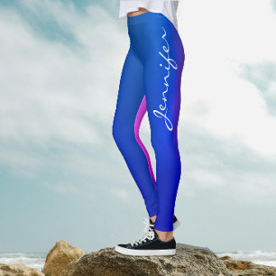 Trendy Blue Pink Bicolor Gradient White Script Leggings