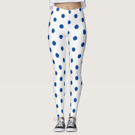 Trendy Blue Polka dot Pattern on White Retro  Leggings
