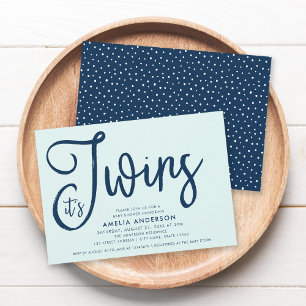 Trendy Blue Script Mint Es ist Twins Baby Dusche Einladung
