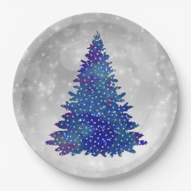 Trendy Blue Silver Glitzer Tree Weihnachten Pappteller (Vorderseite)
