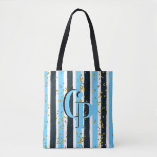 Trendy Blue Stripe Gold Glitzer Monogram Glam