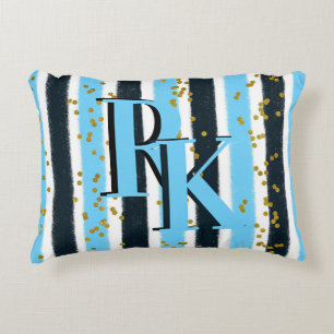 Trendy Blue Stripe Gold Glitzer Monogram Glam Dekokissen