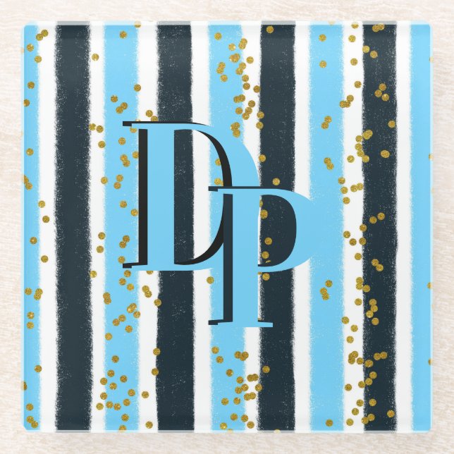 Trendy Blue Stripe Gold Glitzer Monogram Glam Glasuntersetzer (Vorderseite)