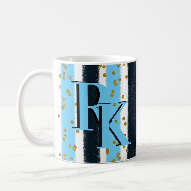 Trendy Blue Stripe Gold Glitzer Monogram Glam Kaffeetasse (Links)