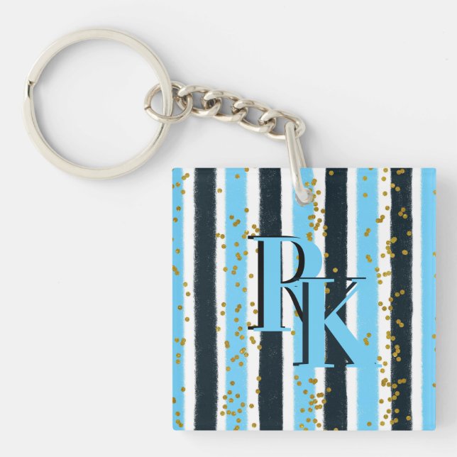 Trendy Blue Stripe Gold Glitzer Monogram Glam Schlüsselanhänger (Vorderseite)