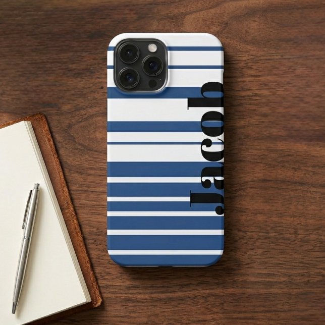 Trendy Blue Striped Custom Name iPhone Case Hülle (Von Creator hochgeladen)