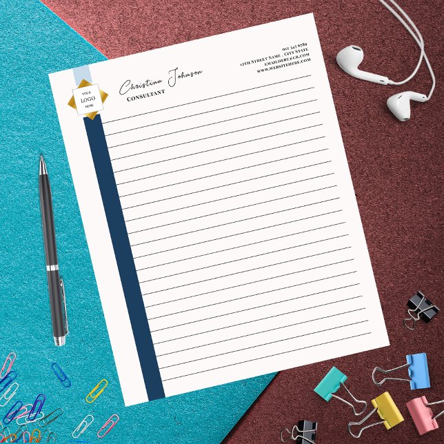 Trendy Blue Stripes Gold Logo Notizblock (Von Creator hochgeladen)