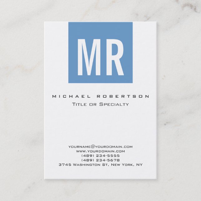 Trendy Blue Stylish Monogram White Business Card Visitenkarte (Vorderseite)