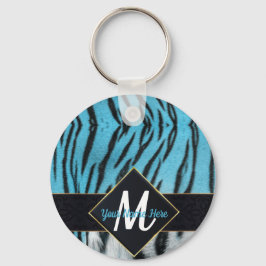 Trendy Blue Tiger Skin & Monogram Keyring Schlüsselanhänger