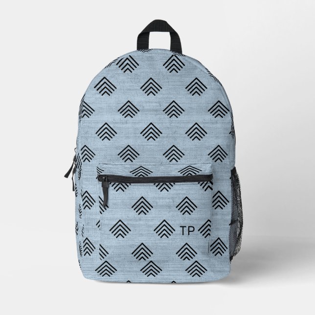 Trendy Blue Zickzack Monogram Initials Bedruckter Rucksack (Vorderseite)