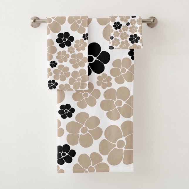 Trendy Blume Muster in Taupe, Black und White Badhandtuch Set (Insitu)