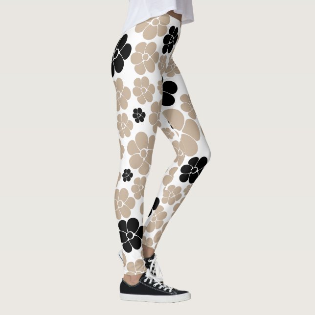 Trendy Blume Muster in Taupe, Black und White Leggings (Rechts)