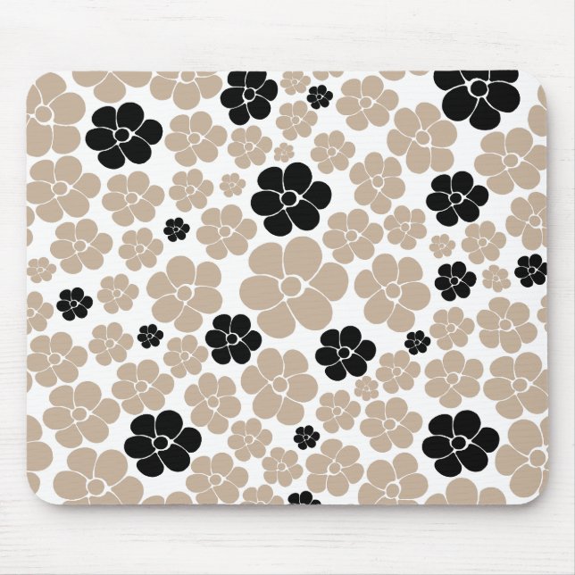 Trendy Blume Muster in Taupe, Black und White Mousepad (Vorne)