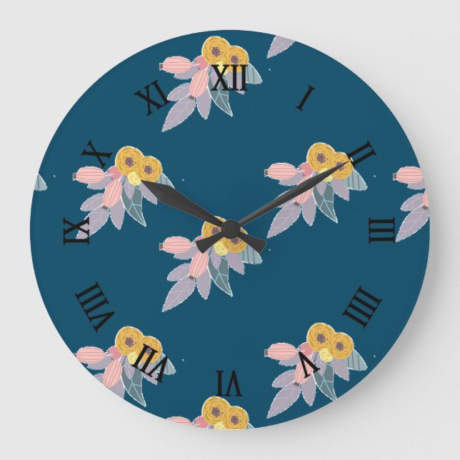 Trendy Blumenmuster auf marineblau Große Wanduhr (Vorderseite)