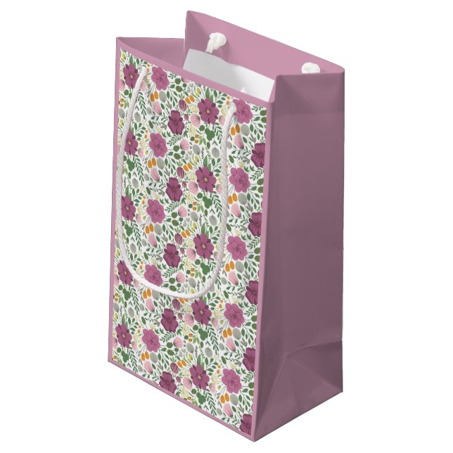 Trendy Blumenmuster Rosa Lila Grünanlage Kleine Geschenktüte (Rückseite Schrägansicht)