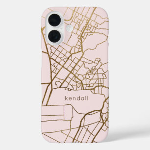 Trendy Blush and Imitats Gold Map Design mit Name iPhone 16 Hülle