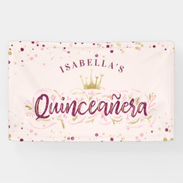 Trendy Blush Burgundy & Gold Confetti Quinceañera Banner
