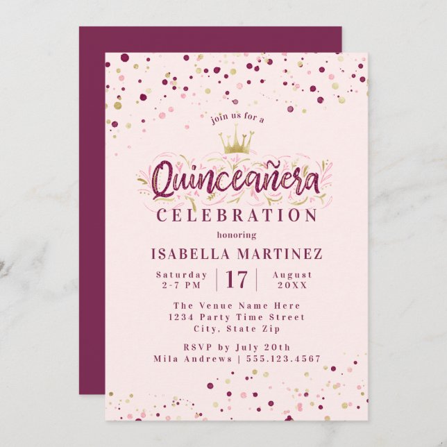 Trendy Blush Burgundy & Gold Confetti Quinceañera Einladung (Vorne/Hinten)