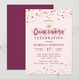 Trendy Blush Burgundy & Gold Confetti Quinceañera Einladung