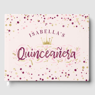 Trendy Blush Burgundy & Gold Confetti Quinceañera Gästebuch