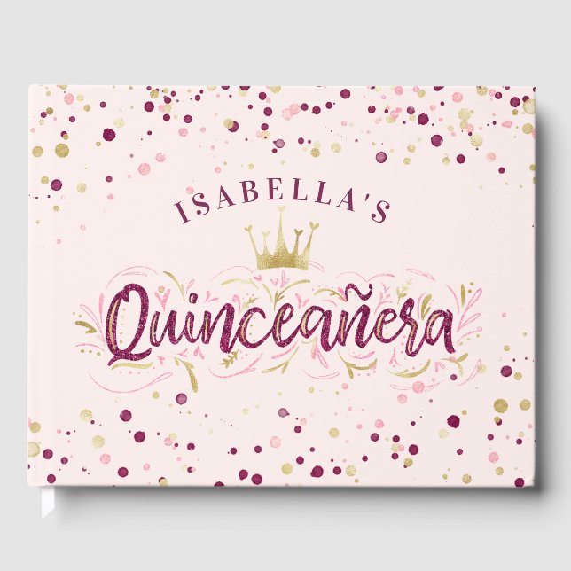 Trendy Blush Burgundy & Gold Confetti Quinceañera Gästebuch (Vorderseite)