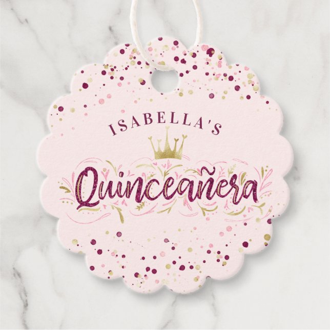 Trendy Blush Burgundy & Gold Confetti Quinceañera Geschenkanhänger (Vorderseite)