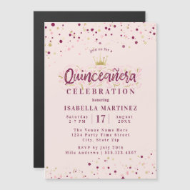 Trendy Blush Burgundy & Gold Confetti Quinceañera Magneteinladung