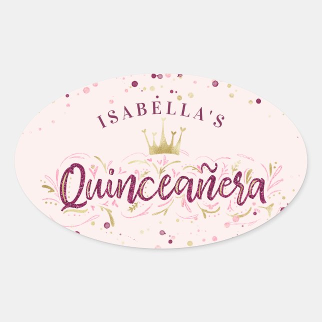 Trendy Blush Burgundy & Gold Confetti Quinceañera Ovaler Aufkleber (Vorderseite)