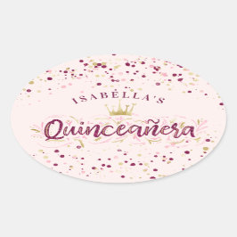 Trendy Blush Burgundy & Gold Confetti Quinceañera Ovaler Aufkleber