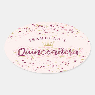 Trendy Blush Burgundy & Gold Confetti Quinceañera Ovaler Aufkleber