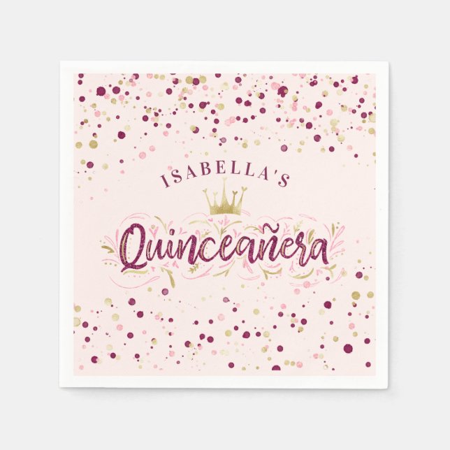 Trendy Blush Burgundy & Gold Confetti Quinceañera Serviette (Vorderseite)