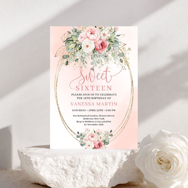 Trendy Blush Floral Sweet Sixteen Party Invitation Einladung (Trendy Blush Floral Sweet Sixteen Party Invitation)